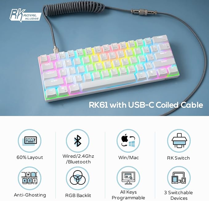 RK ROYAL KLUDGE RK61 Wireless Mechanical Keyboard, 60% Percent RGB, White | Hot Swappable Gaming Keyboard with Bluetooth/2.4G/USB, 61 Keys Ultra-Compact for Win/Mac/PC, Coiled Cable, Linear Red Switch