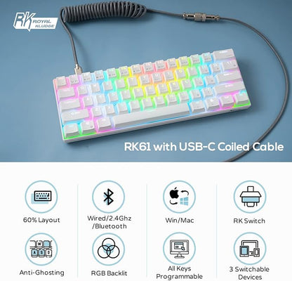 RK ROYAL KLUDGE RK61 Wireless Mechanical Keyboard, 60% Percent RGB, White | Hot Swappable Gaming Keyboard with Bluetooth/2.4G/USB, 61 Keys Ultra-Compact for Win/Mac/PC, Coiled Cable, Linear Red Switch