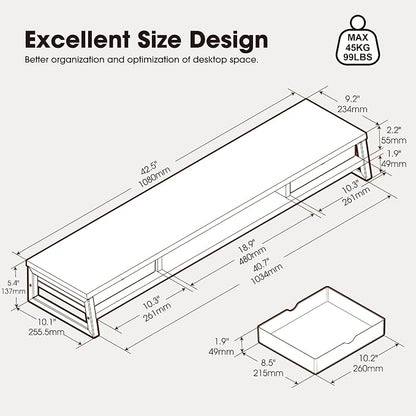 Fenge Dual Monitor Stand, Monitor Riser with Drawer, 42.5 Inch Large Computer Monitor Stand for 2 Monitors, 2 Tier Wooden Desk Shelf for Top of Desk