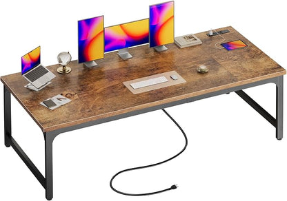 Huuger 71 x 31.5 Inch Desk with Power Outlets & USB-C, 0.95 Inch Thicker Desktop, Robust Metal Tubes, Deep Computer Desk, Heavy Duty Office Desk, Work Desk for Home Office, Rustic Brown