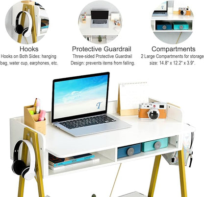 TEAMIX Small White Desk with Drawer and Shelf, Wood Computer Desk for Laptop PC, Gaming Desk with Hooks Vanity Makeup Desk for Girls Home Office Desk