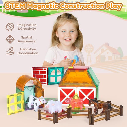 Oriate Magnetic Tiles 3D Animal Farm Toys, 5pcs Farm Animals for Kids, Movable Joints Animal Toys Suitable for Kids Magnetic Blocks Building Magnet Tiles, STEM Educational Construction