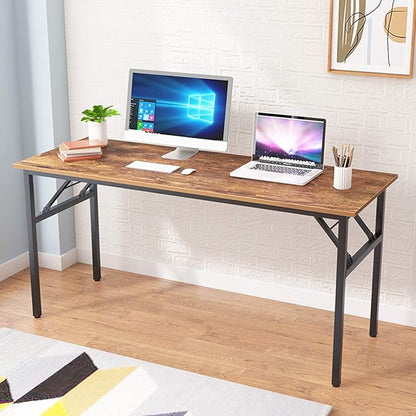 SogesGame Computer Desk, 62 Inch Large Desk Modern Simple Style Folding Tables, Home Office Writing Desk, Space Saving Foldable Table, No Install Needed, Retro Black
