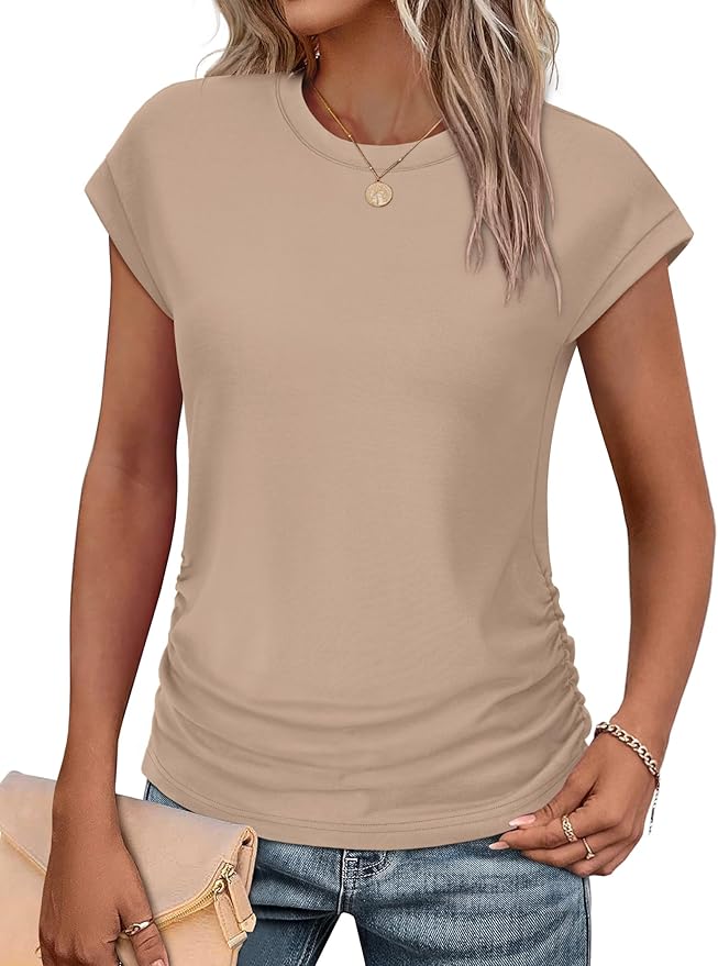 Sampeel Womens Summer Tops Trendy 2026 Ruched Cap Short Sleeve Tshirts Shirts Crew Neck T Shirts Fashion