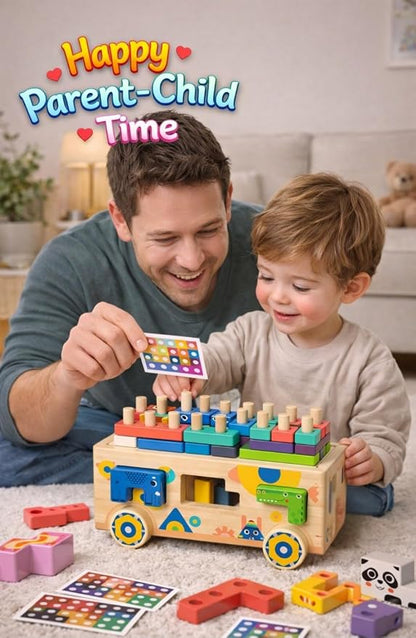 Wooden Montessori Toddler Toy Car Animal Shape Sorting & Peg Stacking Blocks Educational Learning Toy for Toddlers Ages 2-4 Fine Motor Skills Preschool Toy Wooden Shape Sorter Gift for Boys Girls