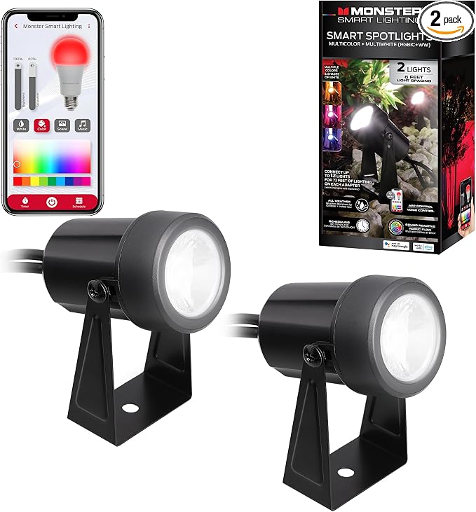 Monster Smart Outdoor RGB+IC+WW Spotlights 2 Pack, Dimmable LEDs, Sound Reactive, IP44 Water & Weather Resistant, Compatible with Alexa, Siri, Google Home, Monster App, Razer Chroma, Voice Controlled