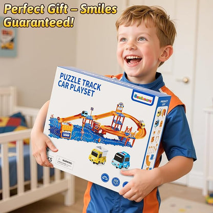 Toddler Puzzle Race Cars Track Toys for Kids Age 3-5 2-4 Years, 59PCS Puzzles Car Track Set Includes 2 Cars and Road Signs, Educational Birthday Gifts for Kids, Boys and Girls