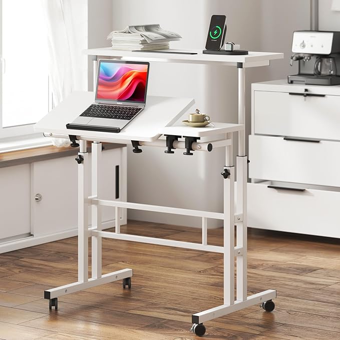 SDHYL 31.5 inches Movable Laptop Desk with Mouse Board Adjustable Height and Angle Anti-Slip Workstation Home Office Desk with Tablet Slot Portable Student Desk, White