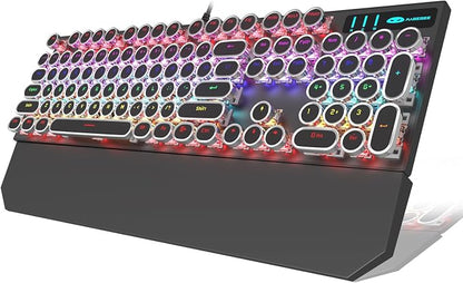 Camiysn Typewriter Style Mechanical Gaming Keyboard, Black Retro Punk Gaming Keyboard with RGB Backlit, 104 Keys Blue Switch Wired Cute Keyboards, Round Keycaps for Windows/Mac/PC