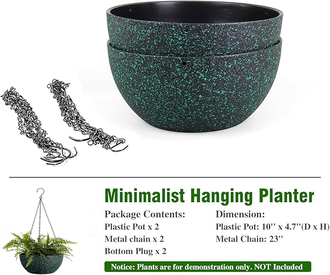 10inch Hanging Planters for Outdoor Indoor Plants with Drainage Holes and Chain, 2 Pack Round Hanging Flower Pots for Garden Home Porch Decor, Black with Green Speckles