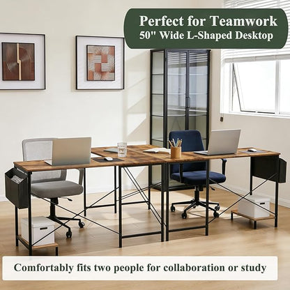 L Shaped Desk Computer Desk, 50inch Brown Gaming Desk with CPU Stand | Reversible Corner Desk, Storage Bag, Sturdy Metal Frame, Student Study Writing Table for Home Office