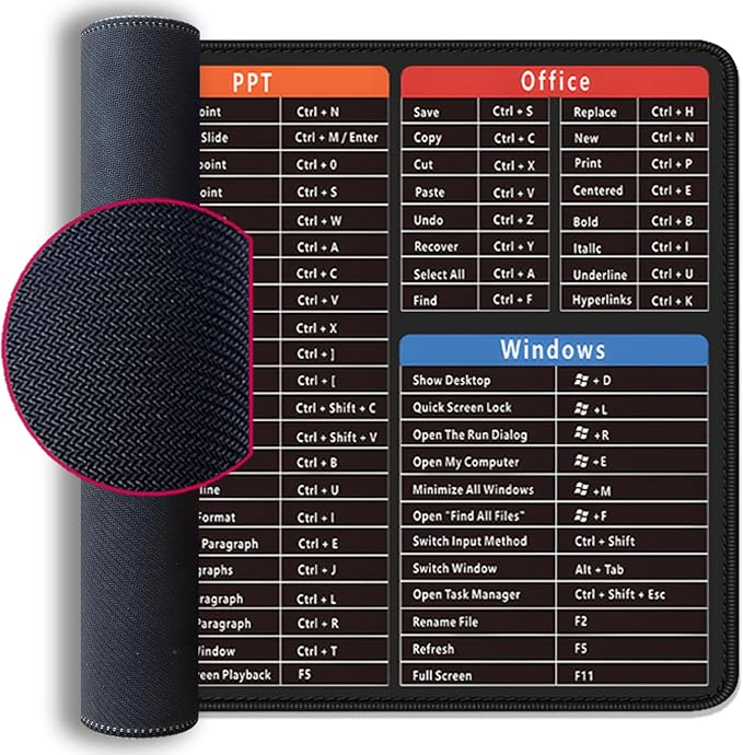 Large Extended Gaming Mouse Pad with Word Excel Office Software Excel Shortcuts PPT Windows,Stitched Edges Non-Slip Waterproof Rubber Base Mouse Pad for Office Desk Pad(27.5X11.8 in)