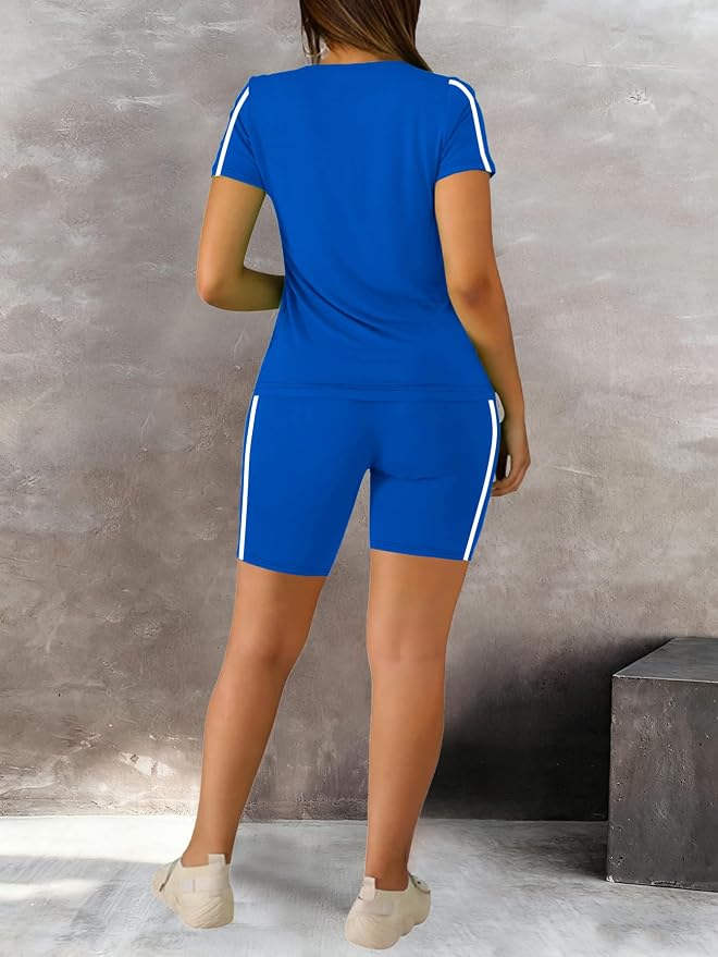 STOLKISS Women 2 piece Short Sets Classic Striped Outfits Summer Casual Short Sleeve T-Shirt and Short Jogger Tracksuits Sets