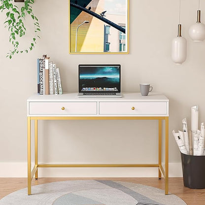 White-Vanity-Desk with 2 Drawers, White/Gold Home-Office-Desks Glossy Desktop Makeup-Vanity-Table Modern Writing Computer Standing Desk with Wood Top and Metal Frame for Home Office Bedroom Furniture