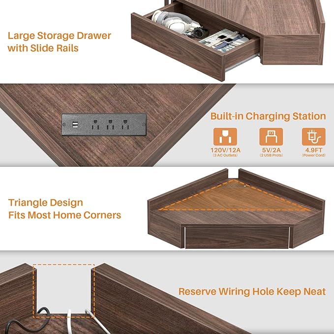 armocity Floating Corner Desk with Outlets & USB Ports, Wall-Mounted Corner Table for Small Space, Triangle Computer Desk with Drawer for Home Office, Vanity Desk, Corner Space, Bedroom, Espresso