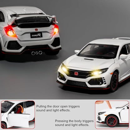 1:32 Scale Civic Type R Model Car，Toy Vehicle with Sound & Light, Pull Back Function & Openable Doors - Premium Diecast Collectible with Realistic Details White