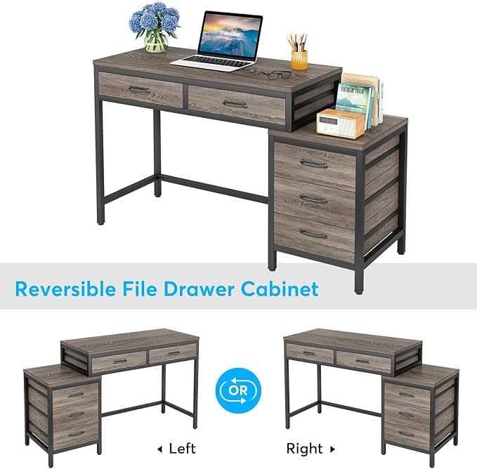 Tribesigns Computer Desk with 5 Drawers, Reversible Home Office Desks | Small Desk with Drawer Cabinet Printer Stand, PC Desk with Storage, Grey Study Writing Table Workstation for Small Spaces
