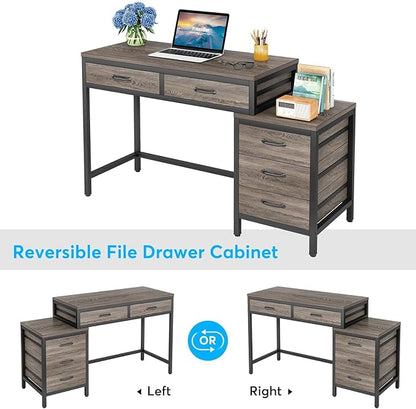 Tribesigns Computer Desk with 5 Drawers, Reversible Home Office Desks | Small Desk with Drawer Cabinet Printer Stand, PC Desk with Storage, Grey Study Writing Table Workstation for Small Spaces