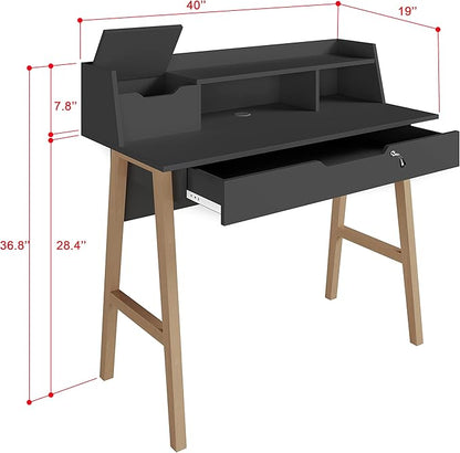 Roma Writing Desk - Elegant Wood Study Desk With Storage, Cable Holes & Drawers - Work Table for Home, Office, Dorm, Small Spaces - Compact Black Desk, 40x19x36.9” (black)