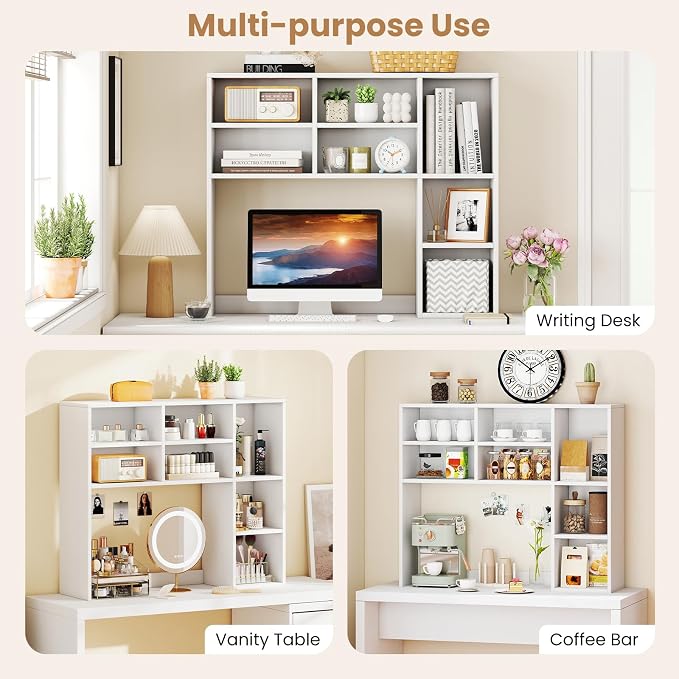LDAILY Desktop Bookshelf, 37’’ Wood Desk Shelf with 7 Cubes & 3 Adjustable Shelves, 3-Tier Desk Display Rack, Desk Hutch for Dorm College Office Computer Monitor Up to 27’’ (White, 7 Shelves)