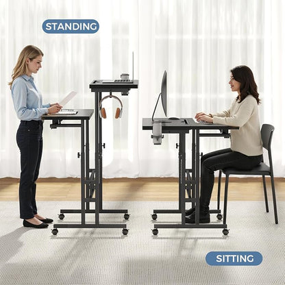 DUMOS Rolling Standing Desk, Sit Stand Desk, Computer Cart | 23.6 Inch Width, Height Adjustable, Split Top, Mobile Laptop Workstation, Office Table, Portable Design, Black