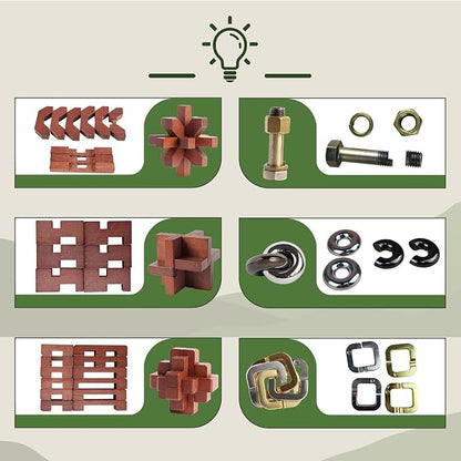 12pcs Puzzles Toys Wooden Metal Brain Teaser Puzzles Game for Adults Kids Desk Toy Lock Puzzles Gift for Teens