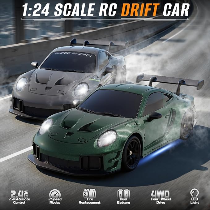 RC Drift Car, 1:24 4WD Remote Control Cars Vehicle with LED Light,2.4GHz 20KM/H High Speed RC Cars with Two Batteries & Drifting Tires Racing Sport Toy for Adults Boys Girls Kids