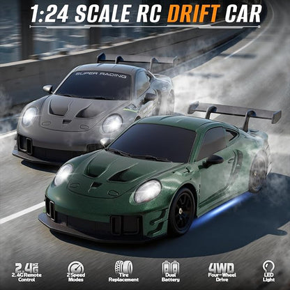 RC Drift Car, 1:24 4WD Remote Control Cars Vehicle with LED Light,2.4GHz 20KM/H High Speed RC Cars with Two Batteries & Drifting Tires Racing Sport Toy for Adults Boys Girls Kids