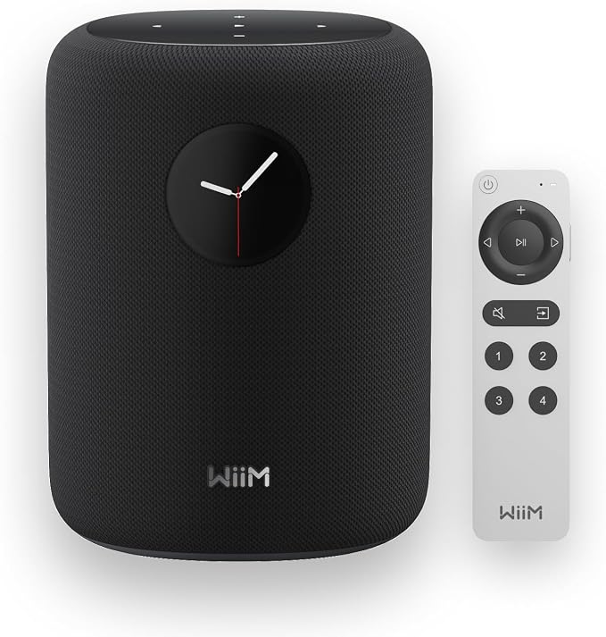 WiiM Sound Smart Speaker with 1.8″ Touch Display, Hi‑Res 24‑bit/192 kHz, AI RoomFit™ Room Correction, 100W Peak, Wi‑Fi 6E/Bluetooth 5.3, Multi‑Room & Stereo Pairing, Remote Included, Black