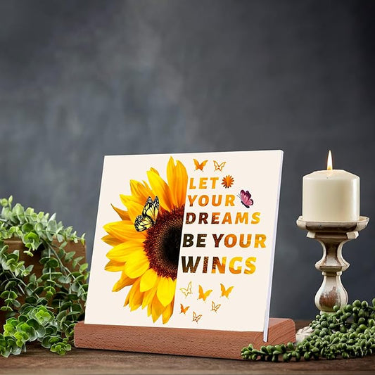TIKTREE Inspirational Gifts for Women, Let Your Dreams Be Your Wings Positive Sign, Sunflower Motivational Gifts, Cheer Up Gifts for Women, Home Office Desk Decor with Wood Base
