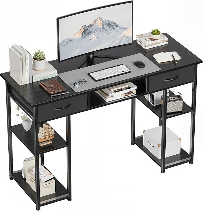 OLIXIS 48 Inch Desk with Storage, Computer Desk, Fabric Drawers | Home Office, Gaming Writing, Study Work, PC Table, Small Space Bedroom, Black