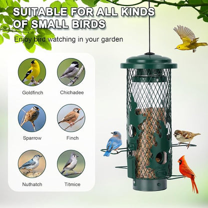 Gbekery Squirrel Proof Bird Feeder for Outdoors Hanging, Metal Mesh Bird Feeder for Outsides with Gravity Protection for Small Birds, Weatherproof and Durable, Green