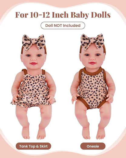BABESIDE 13 PCS Baby Doll Clothes and Accessories for 10-12 inch Dolls, Baby Doll Feeding and Care Set with Carry Bag, Bottles, Tableware, Baby Doll Outfit for Doll Girl Boy (Leopard Pattern)