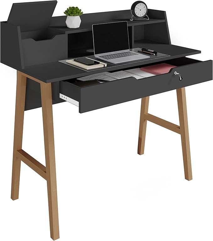 Roma Writing Desk - Elegant Wood Study Desk With Storage, Cable Holes & Drawers - Work Table for Home, Office, Dorm, Small Spaces - Compact Black Desk, 40x19x36.9” (black)