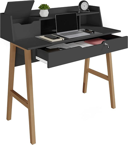 Roma Writing Desk - Elegant Wood Study Desk With Storage, Cable Holes & Drawers - Work Table for Home, Office, Dorm, Small Spaces - Compact Black Desk, 40x19x36.9” (black)