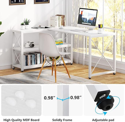 Tribesigns Reversible Industrial L-Shaped Desk with Storage Shelves, Corner Computer Desk PC Laptop Study Table Workstation for Home Office Small Space (White, 59")