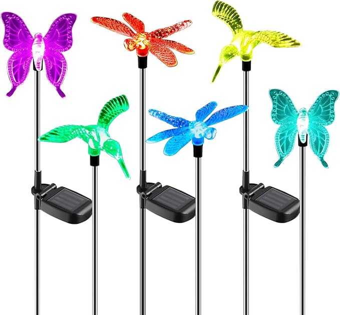 OxyLED Solar Garden Stake Lights 6 Pack Outdoor LED Figurine Lighting Color Changing Waterproof Solar Hummingbird Lights Butterfly Dragonfly for Patio Yard Pathway