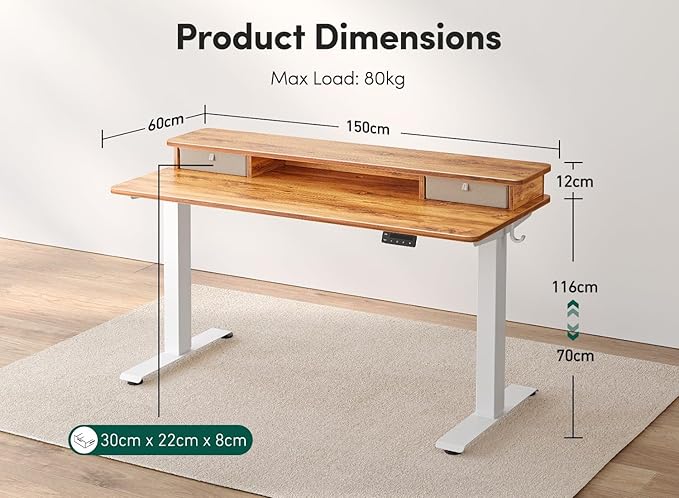 FEZIBO 60 x 24 Inch Height Adjustable Electric Standing Desk with Double Drawer, Stand Up Desk with Storage Shelf, Sit Stand Desk, Light Rustic