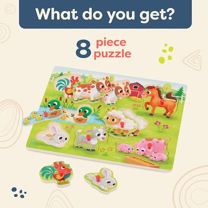 B. toys – Peek & Explore – Farm Animals – Wooden Peg Puzzle – Toddler Puzzle with 8 Animal Pieces – Cow, Horse, Sheep & More – 2+ Years