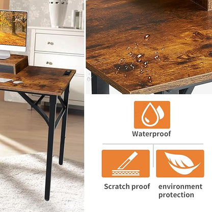 TEMI Computer Desk with Power Outlet and Monitor Shelf Included 43.3" Length Folding Table, Office Desk for Home, No Assembly Desk with Stable Black Frame, Rustic Brown
