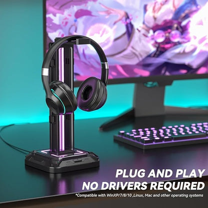 KDD RGB Headset Stand with 9 Light Modes - Controller Holder for Desk - Rotatable Headphone Stand & Detachable Controller Hook for PC Earphone Accessories(Black)