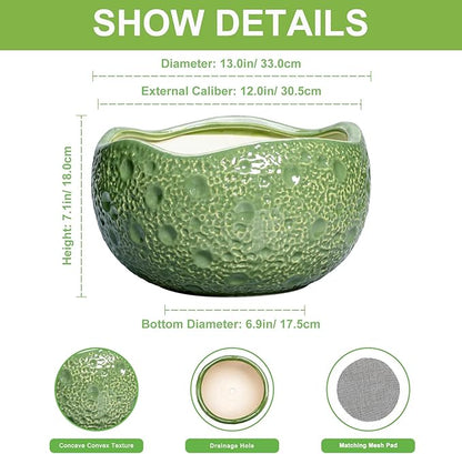 Ceramic Pots for Plants - 13 Inch Large Bonsai Pots Indoor Outdoor, Round Plant Pot with Drainage Hole, Decorative Flower Pot, Modern Unique Planters, Patio Decor, Plant Lover Gifts, Green