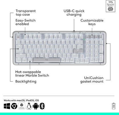 Logitech Alto Keys K98M Wireless Mechanical Gasket Keyboard - Off White | Customizable, clicky, vibration absorbing gasket, white backlit keys, Bluetooth, USB-C charging, for PC, Mac, Laptops