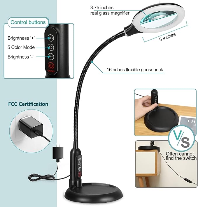 8X Magnifying Glass with Light and Clamp, 5 Color Modes Stepless Dimmable Lighted Magnifier with Stand, Flexible Gooseneck LED Desk Lamp Hands Free for Craft Reading Painting Hobby Close Work