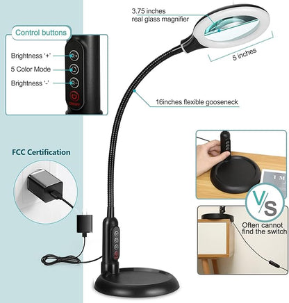 8X Magnifying Glass with Light and Clamp, 5 Color Modes Stepless Dimmable Lighted Magnifier with Stand, Flexible Gooseneck LED Desk Lamp Hands Free for Craft Reading Painting Hobby Close Work