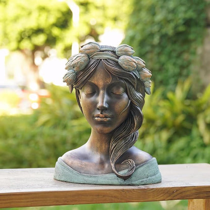 DiliComing Head Planter Face Plant Pots - 10 Inch Flower Pot Succulents Large Outdoor Planters Indoor with Drainage Resin Lady Black Statue for Garden Home Decor Porch Gift for Plant Lovers