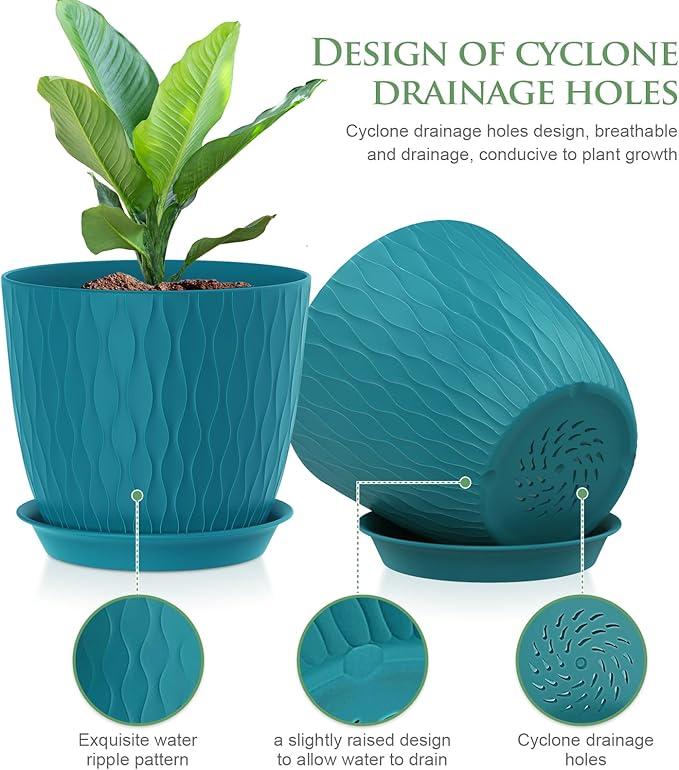 7 inch Flower Pots, 5 Pack Plant Pots with Drainage Holes and Saucers for Indoor Plants, Plastic Planters with Water Ripple for Small Garden House Plants, Nursery Pots for Succulent, Blue Green