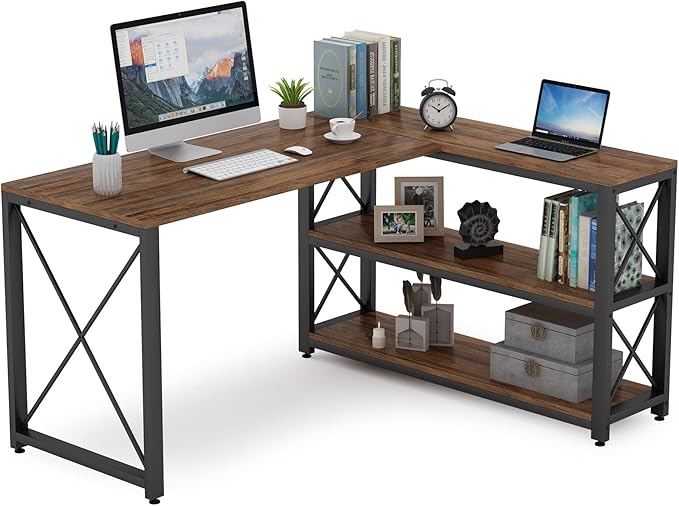 Tribesigns Reversible Industrial L-Shaped Desk with Storage Shelves, Corner Computer Desk PC Laptop Study Table Workstation for Home Office Small Space (Brown, 53")