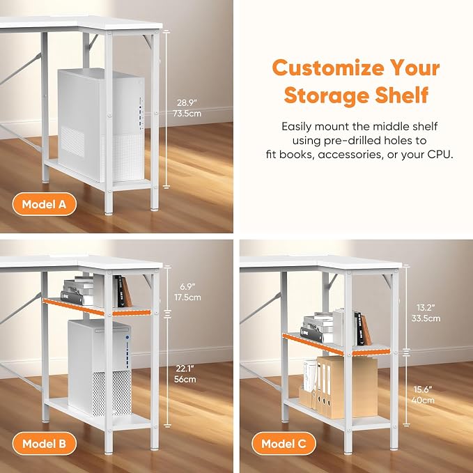 DUMOS L Shaped Desk with Drawers, Gaming Desk, 55 Inch | Power Outlet, Study Table, Adjustable Shelves, Home Office, Corner Computer Workstation, Bedroom, White