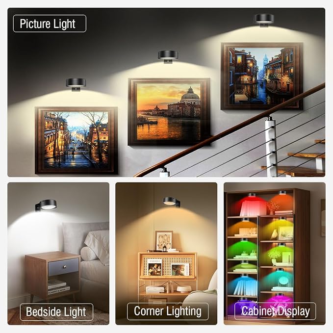 Xuolder Picture Lights for Wall,2000mAh Rechargeable Battery Poster Lights LED Magnetic Painting Light with Remote Control,3 Color Temps&12 RGB Timer Dimmable Wall Light for Art Display Wall Decor